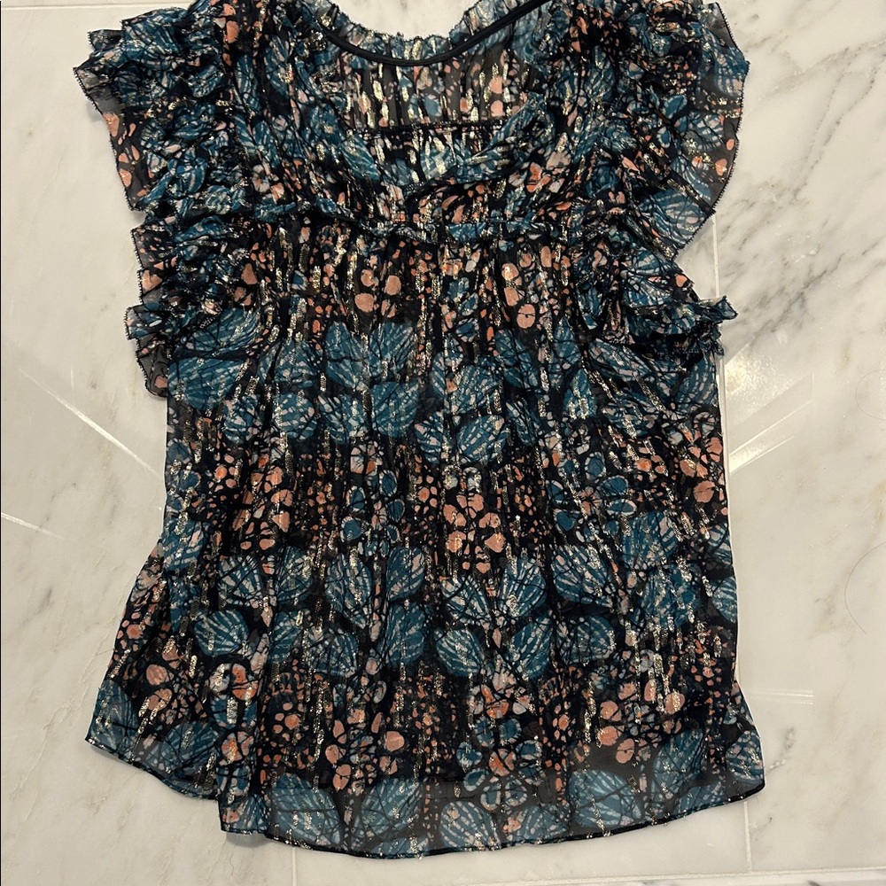 ULLA JOHNSON beautiful blouse, floaty with gold pink blue detail